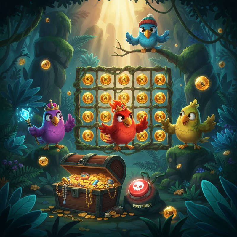 PIROTS 2 slot game featuring four collecting bird characters - red bird with crown, purple bird with scepter, spotted yellow-green bird, and blue bird with winter hat - in a prehistoric jungle setting with amber gems, treasure chest, and DON'T PRESS red button