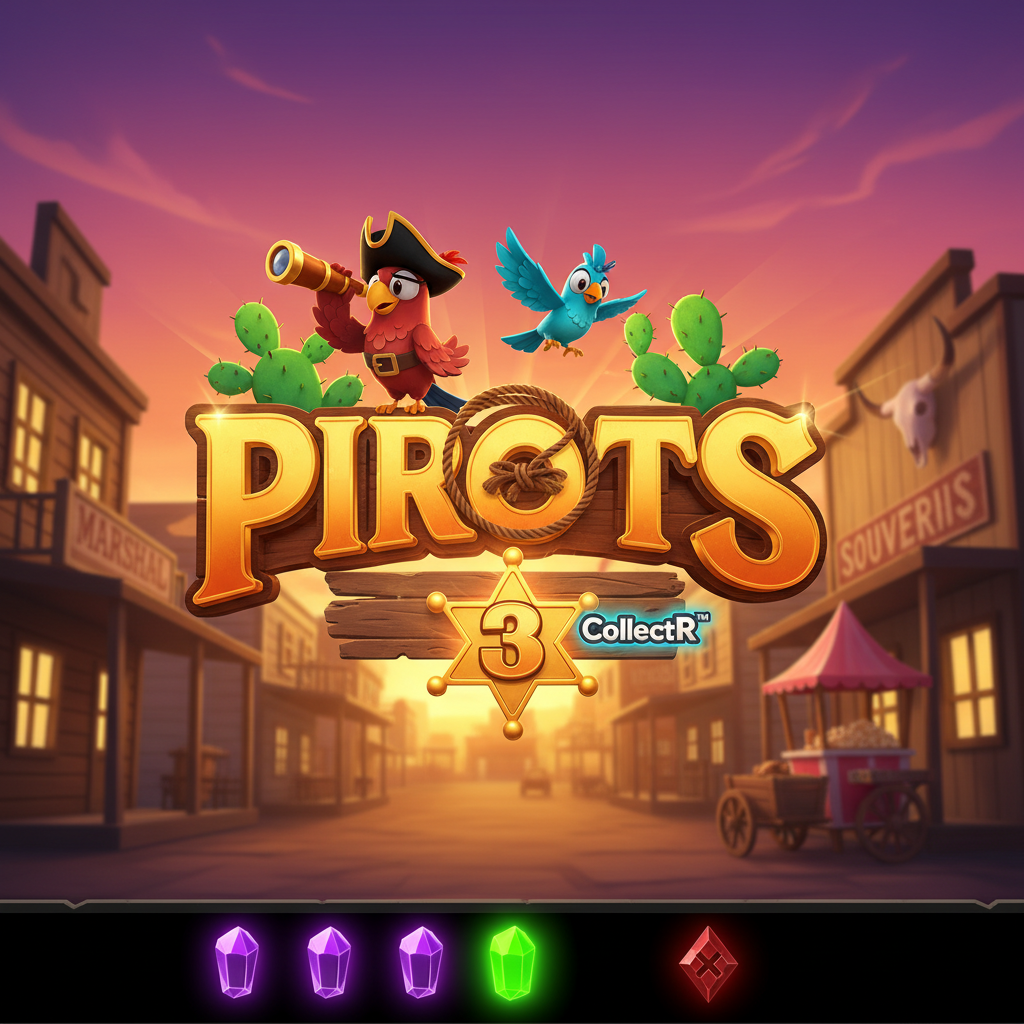 PIROTS 3 slot game showing Western town at sunset with colourful bird characters, golden PIROTS logo with rope lasso, sheriff star badge with number 3, and CollectR trademark