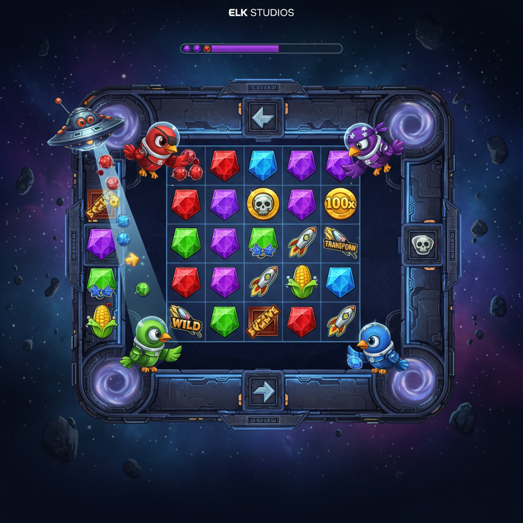Pirots 4 slot by ELK Studios featuring four collector birds in space suits (red, purple, green, blue) on metallic space station with cascading gems and 8×8 expandable grid