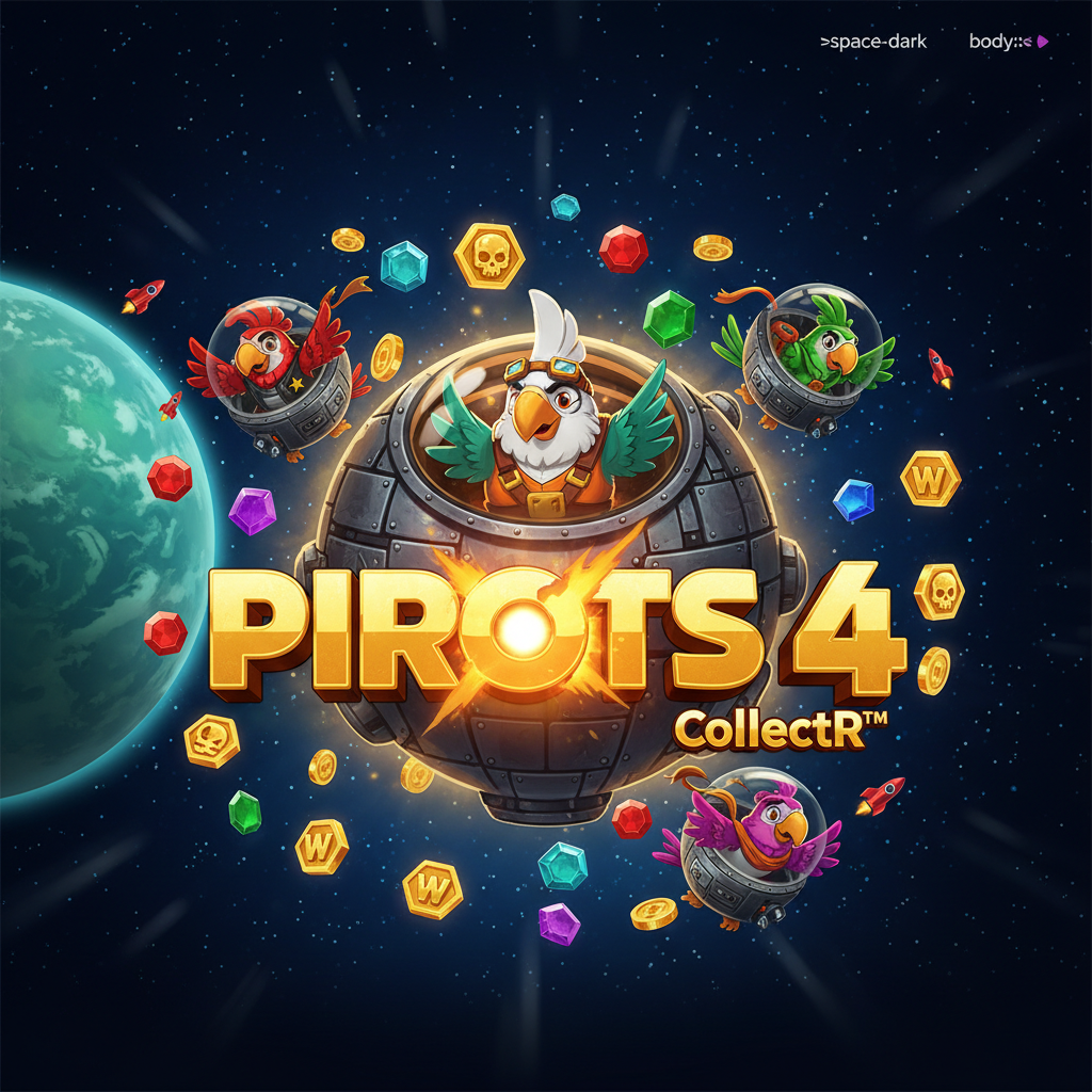 Pirots 4 slot game featuring four cartoon space pirate parrots in colourful outfits aboard a metallic riveted space station pod with glowing golden logo and cosmic background