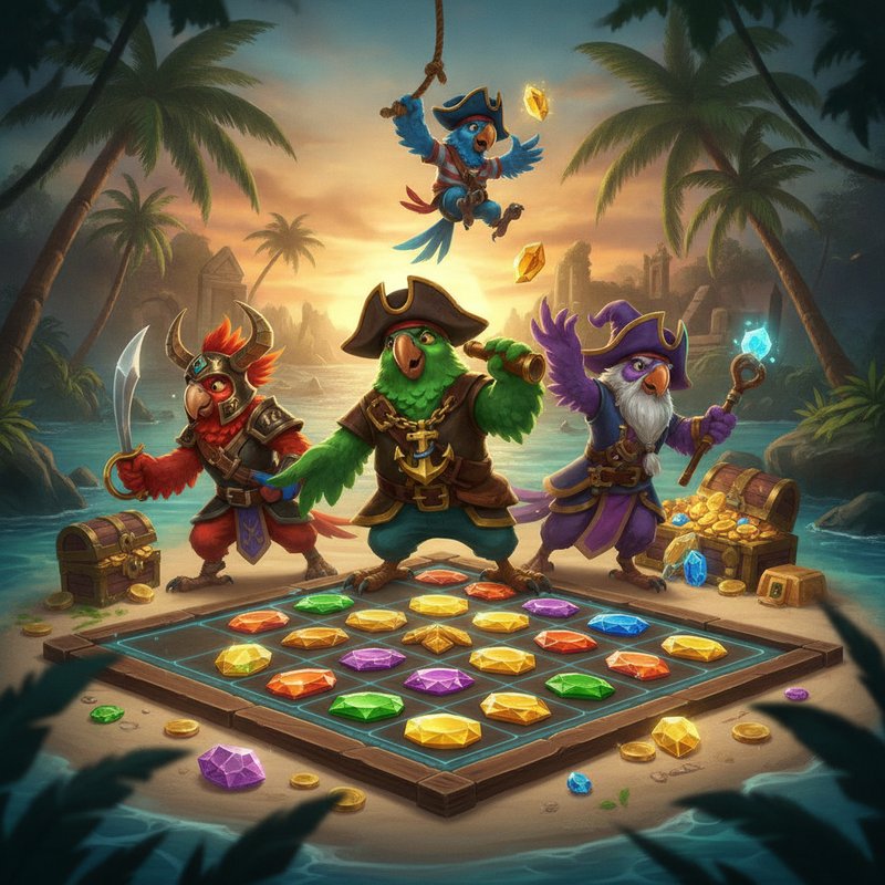 Pirots slot game featuring four colourful pirate parrot characters - green captain with anchor medallion, red warrior with helmet, purple wizard with flowing beard, and blue sailor - collecting vibrant crystals and treasures on tropical island with wooden game grid