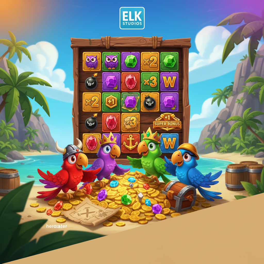 Pirots X slot game featuring four cartoon pirate parrots with golden helmets and crowns - Red, Purple, Green and Blue Pirots - sitting on tropical island treasure with wooden game grid frame, golden anchors and wild symbols
